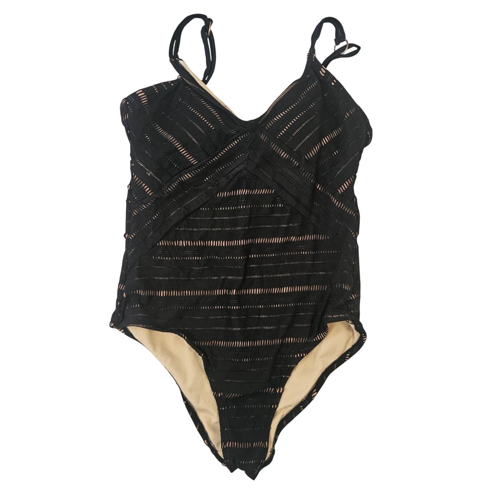 Merona Womens Large Black Textured Mesh One Piece Swimsuit Surplice V-Neck L
